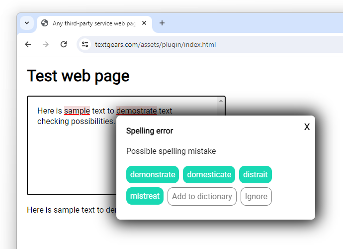 Visualização do plugin de verificação ortográfica